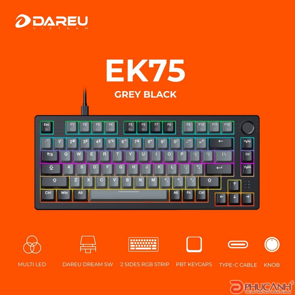 Bàn phím cơ Dareu EK75 Grey Black – Dream Switch, Keycap PBT bền đẹp