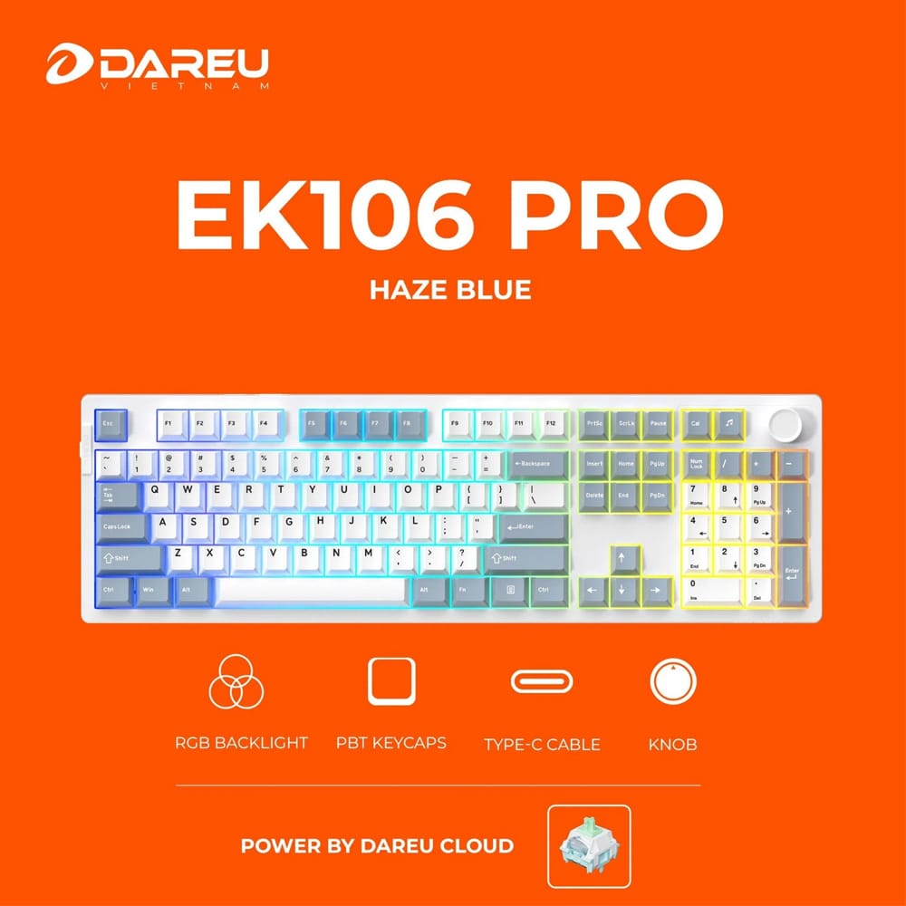 Bàn phím Dareu EK106 Pro Haze Blue – Không dây, LED RGB, Cloud Switch